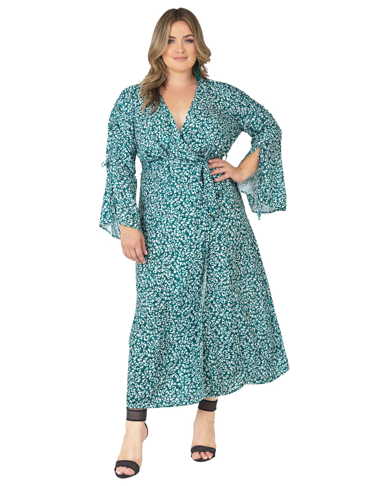 Front of a model wearing a size 1X Kimberly Wrap Maxi Dress in GREENLEOPARD by Standards & Practices. | dia_product_style_image_id:275913